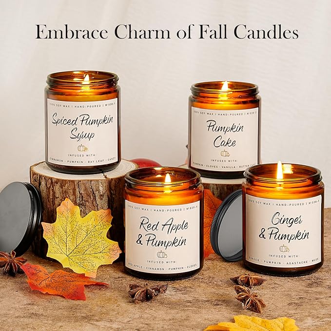 Pumpkin Candle Set | 4 Pack Scented Candles for Home - Candle Gifts for Women Men, Soy Candles | Jar Candle Scents of - Cake/Red Apple/Syrup/Ginger-Ruum Studio Home