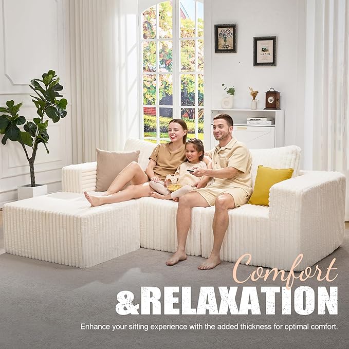 Hobestluk Modular Sectional Sofa Memory Foam Couch Oversized Sectional Sofa 3-Seater with Chaise Cloud Couch with Removable Cover L Shape Sofa for Living Room (Strip White, 3-Seater with Chaise)-Ruum Studio Home