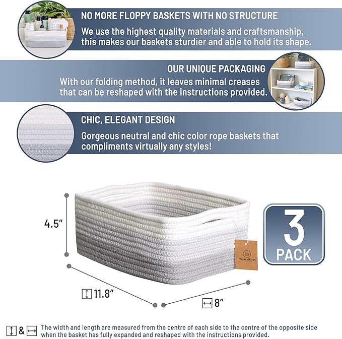NaturalCozy 11.8"x8"x4.5” Rectangle Storage Baskets for Shelves 3 Pack | Cotton Rope Woven Small Baskets for Organizing | Small Storage Bins for Nursery, Bathroom, Closet, Shelf, Decorative, Gift-Ruum Studio Home