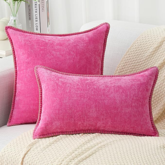 decorUhome Chenille Soft Throw Pillow Covers 20x20 Set of 2, Farmhouse Velvet Neutral Decorative Euro Pillow Covers with Stitched Edge for Couch Sofa Bed Home Decor, Hot Pink-Ruum Studio Home