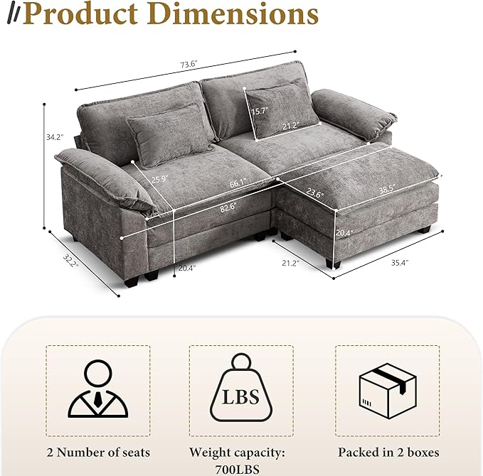 URRED Modular Sectional Sofa Comfy Cloud Couch, Modern Chenille Sofa Sleeper Deep Seat Couches with Ottoman/Pillows for Living Room (Gray, 82.6''- L Shape)-Ruum Studio Home