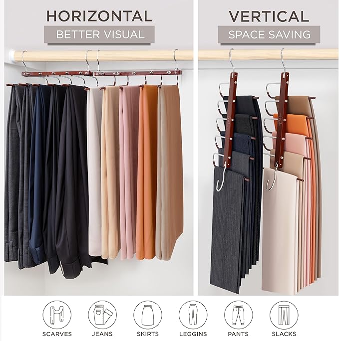 MORALVE Pants Hangers Space Saving - 2 Pack European Beechwood Scarf and Jean Hangers - Closet Organizer and Space Saver Pant Rack, Leggings Hanger, and Scarf Holder with 360° Swivel Hook-Ruum Studio Home