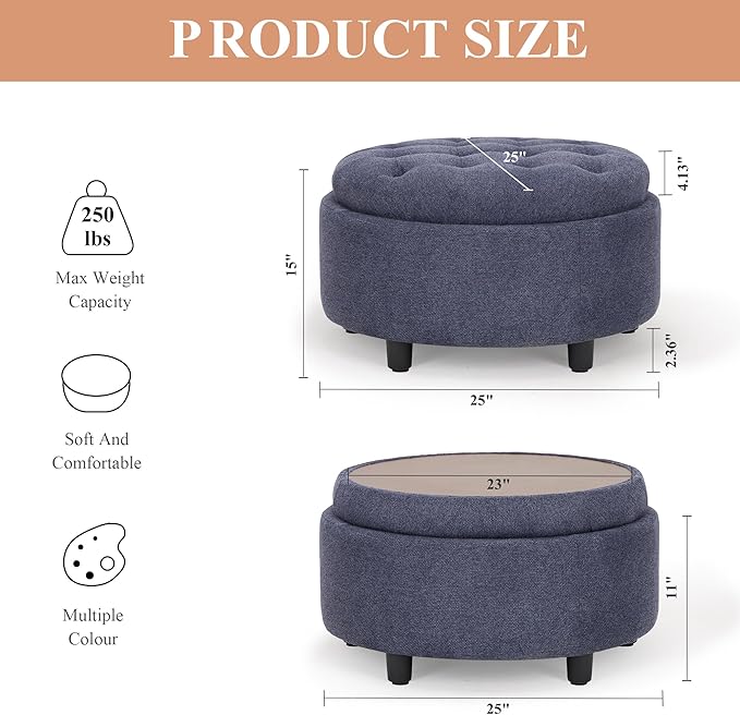 COLAMY Fabric Round Storage Ottoman with Reversible Tray Lid – Multi-Functional Footrest, Hidden Storage, Sturdy & Stylish Small Coffee Table for Living Room, Bedroom, or Entryway(Blue)-Ruum Studio Home