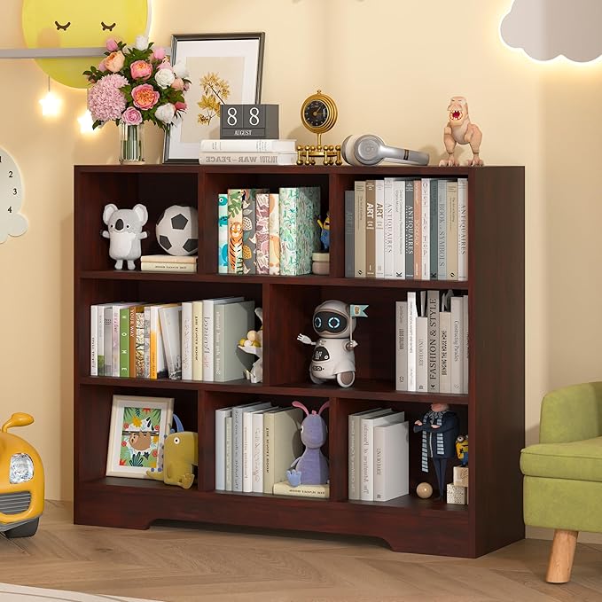 Book Shelf Set of 2, 8 Cubes Storage Organizer, 3-Tier Open Shelf Wooden Bookcase, Freestanding Cherry Bookshelf Cube Shelf for Bedroom, Living Room, Home Office-Ruum Studio Home