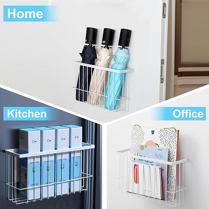 Magnetic Basket for Fridge, Magnetic Fridge Basket, Foil and Plastic Wrap Organizer with 4 hooks, Laundry Room Organization for Dryer Ball, Cling Film, Mail, Umbrella, White, 2 Pack-Ruum Studio Home