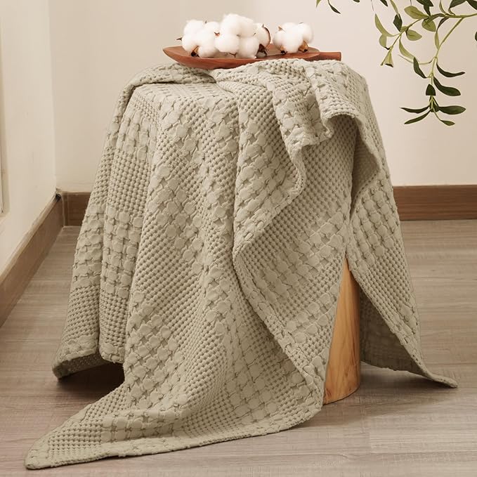 PHF 100% Cotton Waffle Weave Throw Blanket, Soft Lightweight Breathable Cozy Summer Throws for Couch Bed Sofa, Luxury Aesthetic Woven Blanket for Home Decor & Office, 50"x60", Khaki-Ruum Studio Home