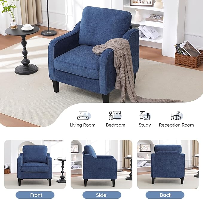 Accent Chairs Set of 2, Upholstered Living Room Chairs with Side Pockets, Mid Century Modern Reading Chair for Bedroom, Comfy Armchair Single Sofa Side Chair for Office, Small Room, Blue-Ruum Studio Home