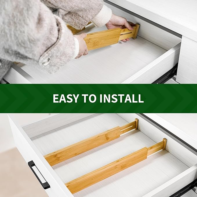 VaeFae Adjustable Bamboo Drawer Dividers, Expandable Drawer Organizer for Kitchen, Bedroom, Bathroom, Dresser and Office, 6-Pack-Ruum Studio Home