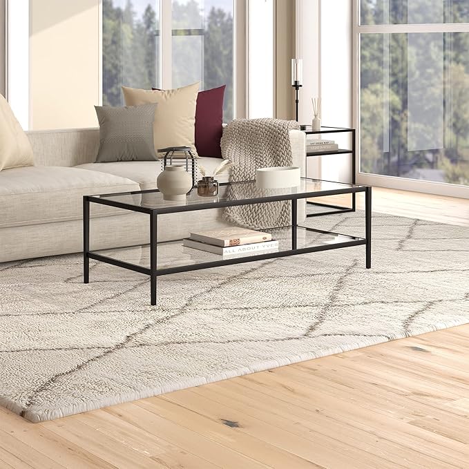 Henn&Hart 54" Wide Rectangular Coffee Table with Glass Shelf in Blackened Bronze, Modern coffee tables for living room, studio apartment essentials-Ruum Studio Home