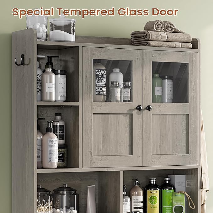 Itaar Over The Toilet Storage Cabinet, Over Toilet Bathroom Organizer with Glass Doors & Toilet Paper Holder Stand, Home Space-Saving Toilet Rack, for Bathroom, Restroom, Laundry, Grey-Ruum Studio Home