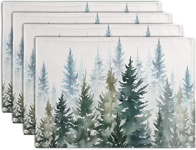 Watercolor Dark Green Tree Table Mats Set of 4 Rustic Nature Forest Pine Tree Placemats Seasonal Winter Holiday Place Mat Farmhouse Washable Linen Placemat for Dining Table Kitchen Christmas Decor-Ruum Studio Home