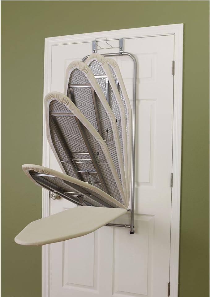 Household Essentials 144222 Over The Door Small Ironing Board with Iron Holder, Natural Cotton Cover Silver-Ruum Studio Home