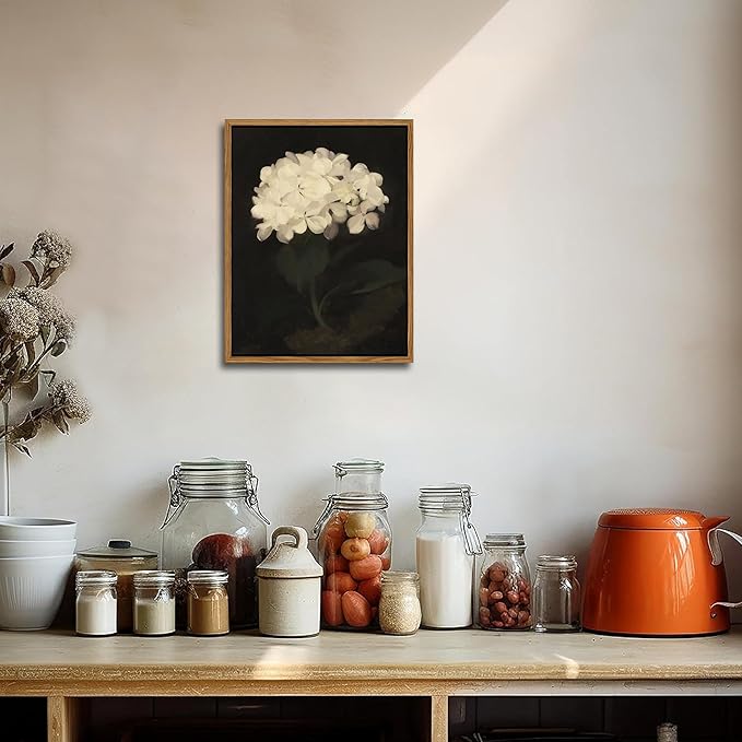 Framed Wall Art for Living Room – Vintage White Hydrangea Oil Painting Canvas Prints, Aesthetic Bedroom Wall Art, Kitchen Decor for Shelves, Bathroom Office Artwork Wall Decor – 8x10in-Ruum Studio Home