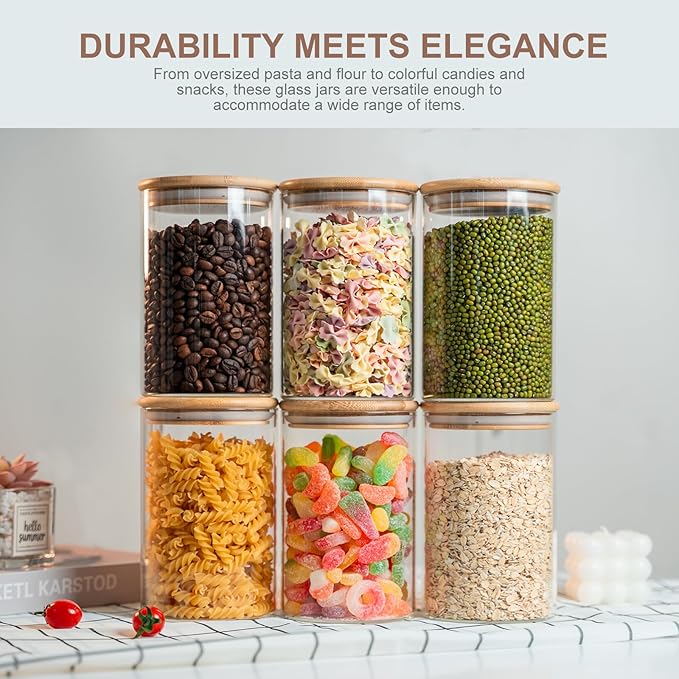 Glass Food Storage Jars Set of 8,26oz-Glass Storage Containers Clear Glass Food Canister with Bamboo Lid Airtight For Serving Tea, Coffee, Flour,Candy, Cookie, Spice(Round-8CMx15CM)-Ruum Studio Home