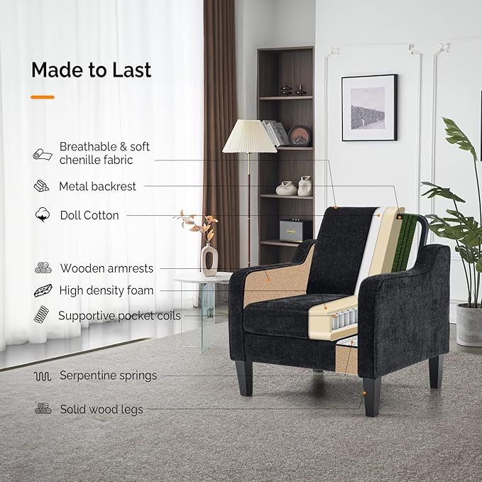 VINGLI Mid Century Modern Accent Chairs, Black Soft Chenille Reading Chair Upholstered Armchair Side Chairs Sofa Couches for Living Room, Bedroom, Apartment-Ruum Studio Home