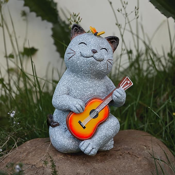 Cat Garden Statue Outdoor Decor, Cat Sculpture with Guitar and Butterfly for Yard Lawn Patio Balcony, Birthday Housewarming Gifts for Mom, Grandma, Women, 8.8 inch, Resin-Ruum Studio Home
