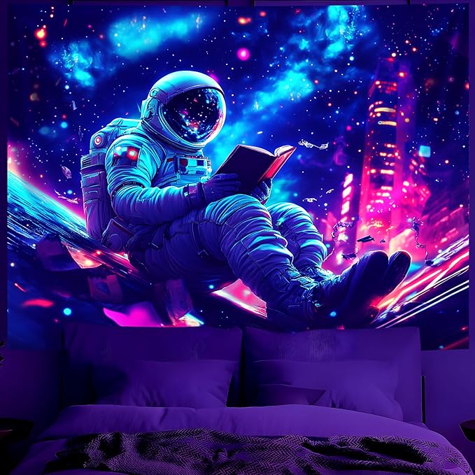 BVBOX Astronaut Space Blacklight Tapestry 79"x59", UV Reactive Astronaut Reading Universe Galaxy Planet Glow in Dark Tapestries, Black Light Neon Upright Poster Wall Hanging Backdrop Decor for Bedroom Living Room-Ruum Studio Home