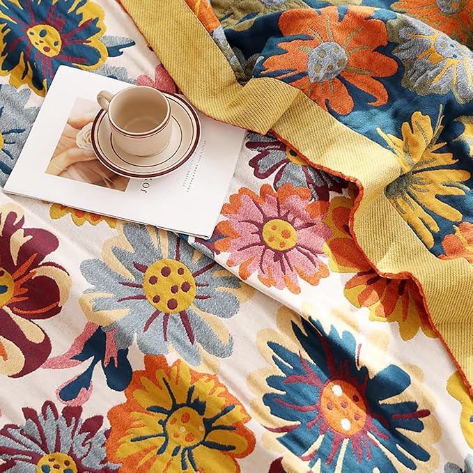 Boho Muslin Blanket for Adults 4-Layer Gauze Twin Size Soft Cozy 100% Cotton Summer Cooling Blanket Floral Decor for Sofa Bed Coverlet Both Sides (Daisy Floral, Twin 60 x 80 in)-Ruum Studio Home