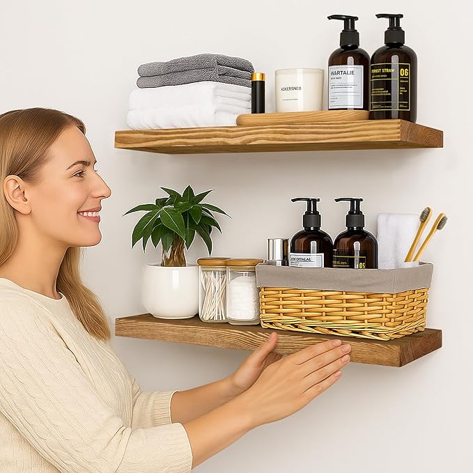 BGMG Wood Floating Shelves for Wall 24 inch Set of 2, Rustic Wooden Wall Mount Shelves for Living Room Bedroom Kitchen Farmhouse-24x6.7x1.25 inch- Gold Oak-Ruum Studio Home