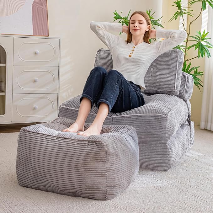 HIGOGOGO Square Stuffed Pouf Ottoman, Corduroy Poufs with Foam Chunk Filling, Furry and Fluffy Pouf Foot Stool Storage Ottoman, 25.6 X 25.6 Floor Poufs Foot Rest for Living Room, Grey-Ruum Studio Home