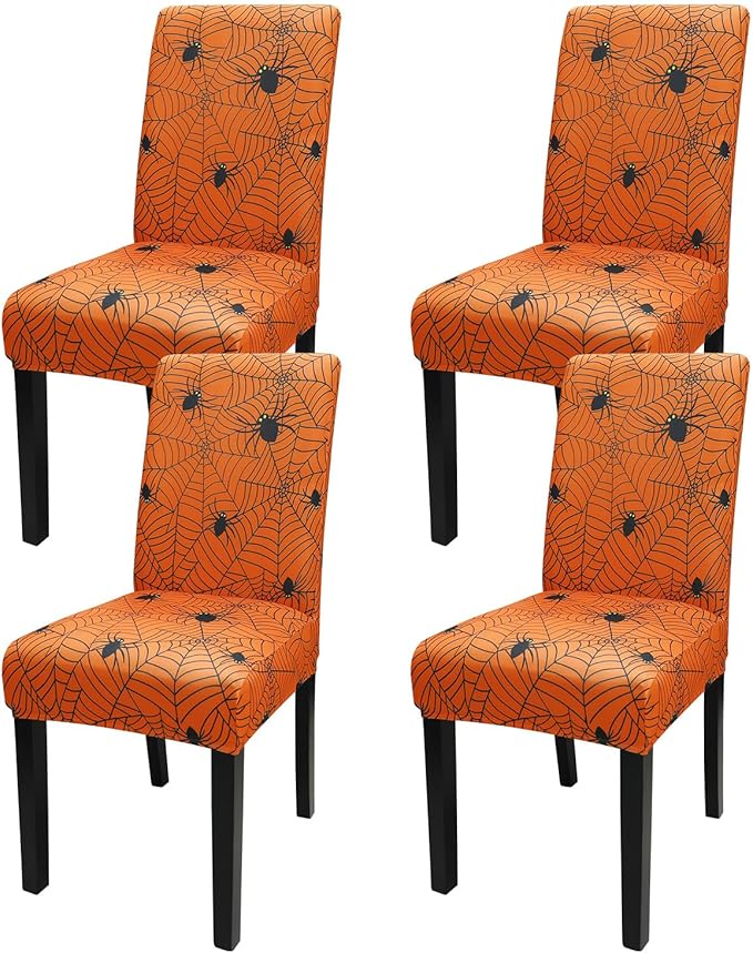 JQinHome Halloween Orange Dining Chair Slipcover, Spider Web Chair Covers Set of 4 ，High Stretch Washable Chair Protector Cover for Dining Room, Kitchen,Home Party,Wedding Ceremony(Orange, 4PC)-Ruum Studio Home