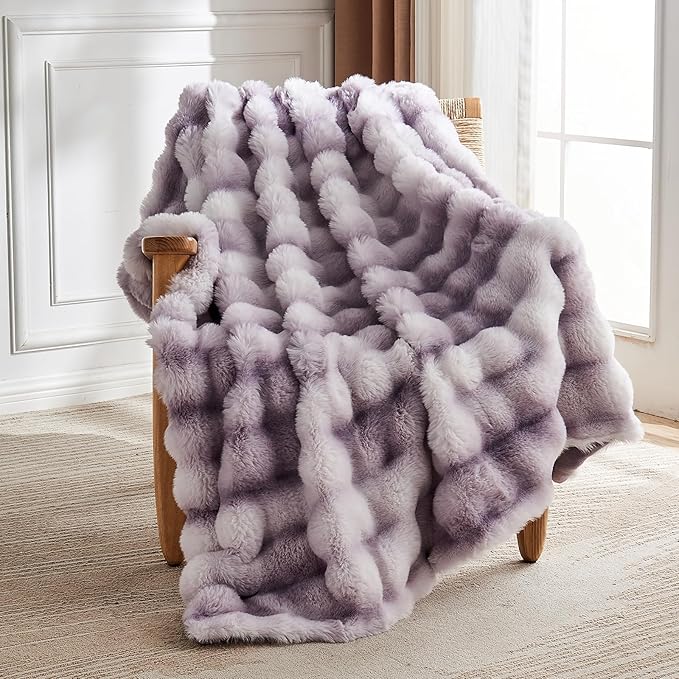 Lotus Karen Faux Fur Throw Blanket Tie-Dye Purple-Big Bubble Rabbit Fluff Blanket for Couch,Small Fluffy Fuzzy Cozy Blanket,Thick Furry Plush Shaggy Blankets,50x60 Inches-Ruum Studio Home