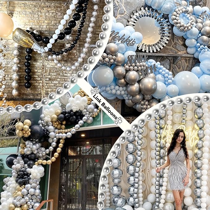 Silver Link Balloons, 60PCS Linking Balloons with Tail for Balloon Wall Arch and Chains, Quick Linkable Balloon for Wedding Birthday Baby Shower Engagement Graduation Party Decorations (6inch)-Ruum Studio Home