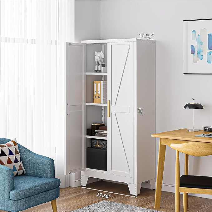 61" Tall Farmhouse Metal Pantry Cabinet, Kitchen Pantry Storage Cabinets with 2 Barn Door and Adjustable Shelves,Metal Pantry Storage Cabinet,for Kitchen,Laundry Room,Home Office,Kids Room (White)-Ruum Studio Home