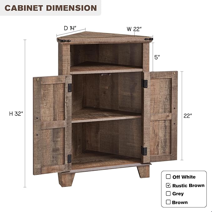 Corner Bathroom Cabinet, Farmhouse Small Corner Cabinet with Barn Door & Adjustable Shelf, Storage Cabinets for Bathroom, Kitchen, Living Room, Rustic Brown-Ruum Studio Home