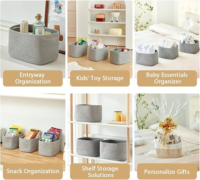 Small Baskets Set of 3-11"x7"x7" Perfect Toy Baskets for Storage, Ideal Storage Basket for Cube, Towels, and More - Basket for Shelves （Grey)-Ruum Studio Home