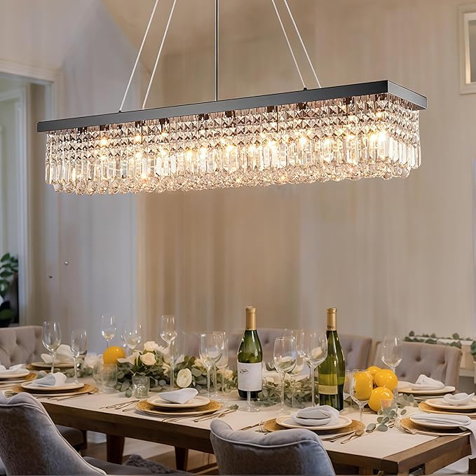 Rectangular Black Crystal Chandelier,10 Light Crystal Chandeliers for Dining Room, Rectangle Light Fixture for Kitchen Island L47''xW10''x H10''-Ruum Studio Home