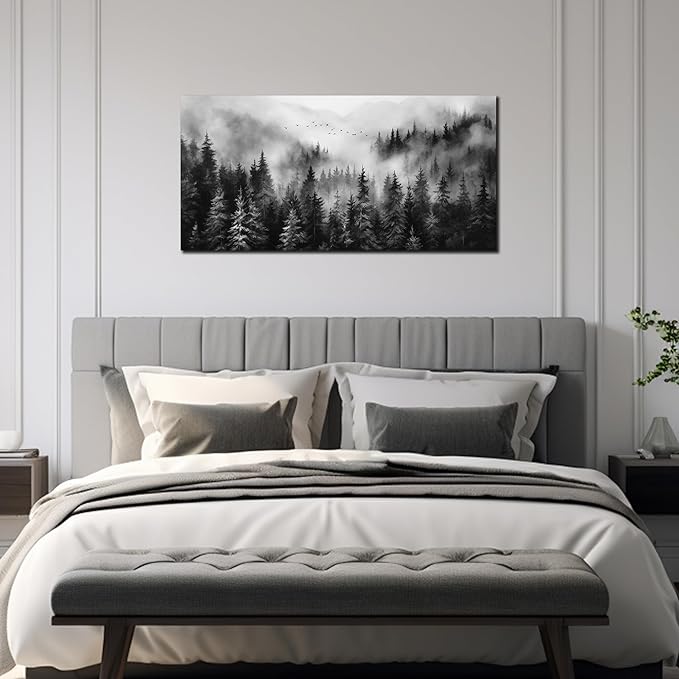 Foggy Forest Wall Art for Living Room,Black and White Pictures for Wall,Tree Wall Decor for Bedroom 20 x 40 Inch-Ruum Studio Home