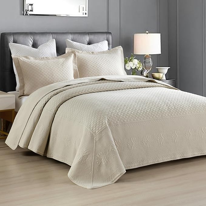 MarCielo 3-Piece 100% Cotton Oversized Bedspread Lightweight Quilt Coverlet Embroidery Farmhouse Bedding Set (TM Khaki Beige, Oversized Queen (100"x106"))-Ruum Studio Home