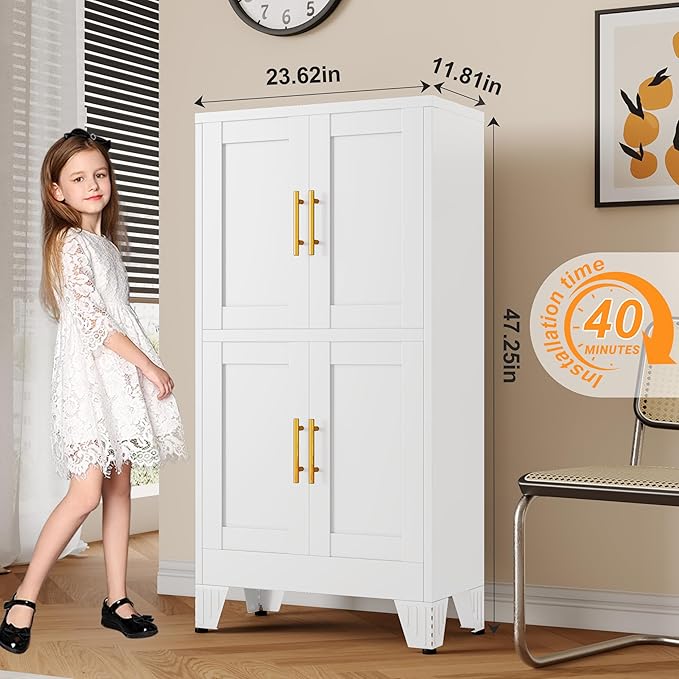 47.25" Metal Pantry Cabinet, Storage Cabinets with 4 Door and 2 Adjustable Shelves, White Bathroom Cabinet, Freestanding Cupboard for Kitchen Dining Living Room Bathroom-Ruum Studio Home