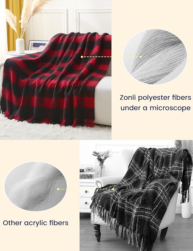 ZonLi Christmas Buffalo Plaid Throw Blanket, 50" x 60" Black and Red Decorative Blankets with Tassel for Couch, Bed, Sofa, Chair, Outdoor, Cozy Warm Lightweight Farmhouse-Ruum Studio Home