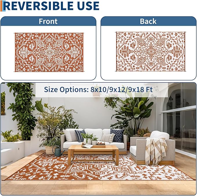 Outdoor Rug 9x12 Waterproof Reversible Plastic Straw Patio Rug, Stain-Resistant Vintage Medallion Carpet, Large Easy-Cleaning Indoor Outdoor RV Mat for Deck, Camping, Balcony, Terracotta Brick/White-Ruum Studio Home