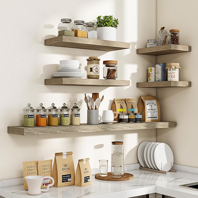 48 Inch Floating Shelves, 3D Textured Wood Grain, 48"x9.25"x1.5" Inch Deep Floating Shelves for Wall, Wooden Shelves for Bathroom, Bedroom, Living Room, Vintage Gray Oak-Ruum Studio Home