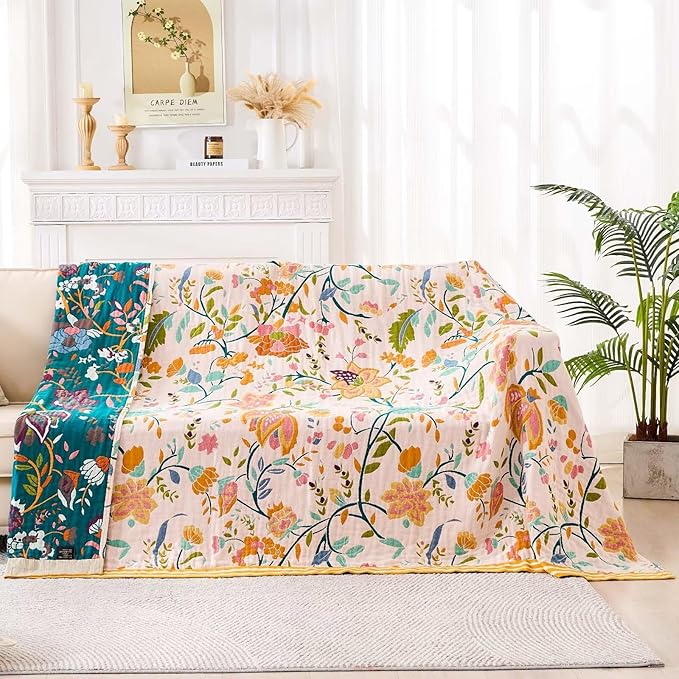 Boho Throw Blanket for Bed, 100% Cotton Soft Rustic Quilt Fall Blanket, 50"x60" Yellow Floral Printed Farmhouse Decor Bed Blankets, All Season Rustic Reversible Bohemian Throw Quilt-Ruum Studio Home