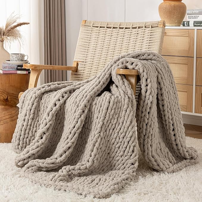Chunky Knit Blanket Throw, 100% Hand Knit Throw Blanket Handmade Chenille Cable Knit Throw for Couch, Stylish Cozy Soft Rope Knot Crochet Blanket for Home Decor, Beige Linen, 40x50 Inches-Ruum Studio Home