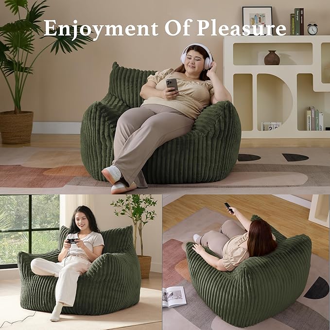 Giant Plush Bean Bag Chair for Adults with Armrests - Oversized Comfy Green Beanbag Lounge Lazy Floor Sofa Accent Chair for Living Room, Bedroom & Dorm, Cozy Fluffy Single Cloud Mini Couch-Ruum Studio Home