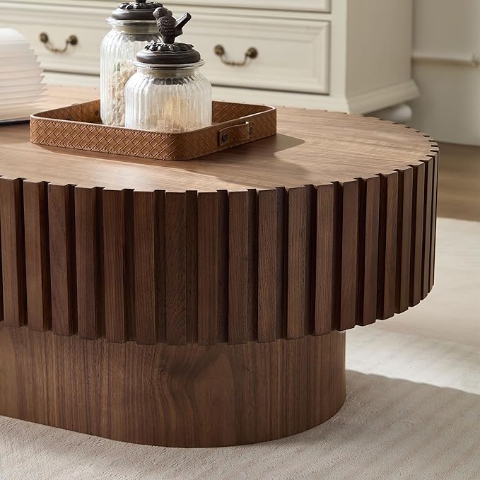 43.7" Oval Coffee Table for Living Room,Modern Handcraft Drum Coffee TableSmall Wooden Coffee Table with Sturdy Pedestal Easy Assembly for Office-Walnut-Ruum Studio Home