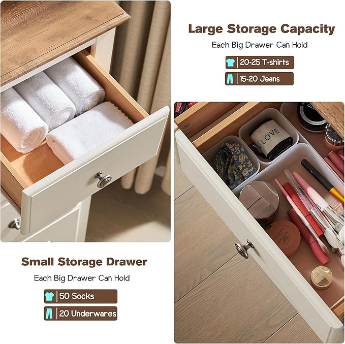 T4TREAM 7 Drawers Dresser Chests for Bedroom, Wood Vintage Chests of Drawers, Rustic Dressers Chset Organizer for Bedroom, Living Room, Hallway, Antique White-Ruum Studio Home