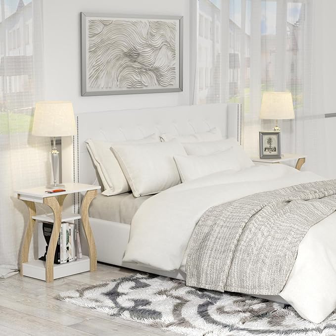 End Table with Charging Station, Side Table with USB Ports and Outlets, Nightstand, 3 Tier End Table with Storage Shelf for Living Room, Bedroom (White)-Ruum Studio Home