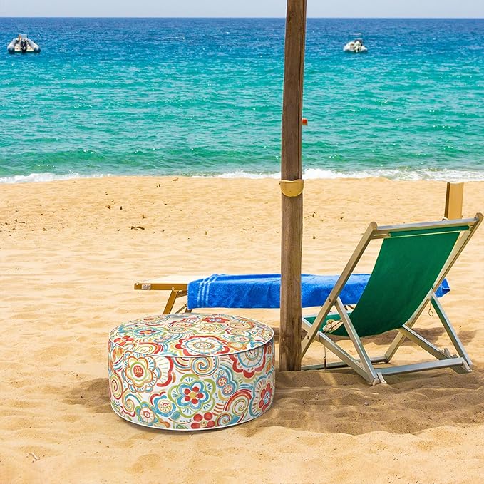 Inflatable Ottoman Stool D21 xH9 for Outdoor/Indoor Use, Water Repellent Patio Foot Rest Stool with Portable Handle,Round Pouf Ottoman Suitable for Garden,Deck and Camping - Flower Red-Ruum Studio Home