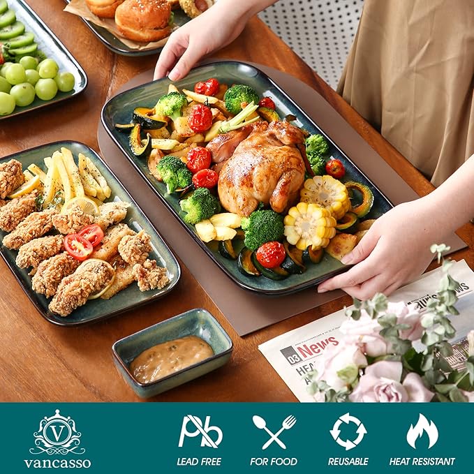 vancasso Stern Serving Platters Set of 3, 15/13/ 11 Inches Rectangular Serving Plates, Green Serving Trays for Entertaining, Party-Ruum Studio Home