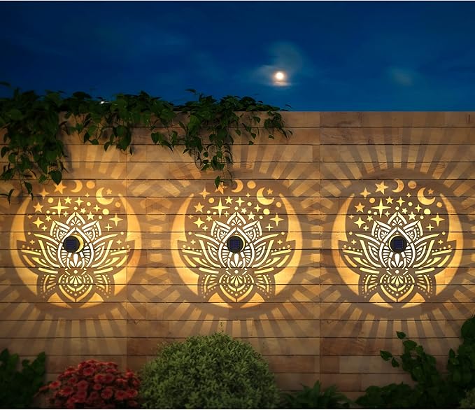 4 Pack Solar Fence Lights Metal Solar Powered Outdoor Wall Deck Lights Lotus Theme Waterproof Fence Light for Garden Post Patio Backyard Yard Decor (Lotus, 4 Pack)-Ruum Studio Home
