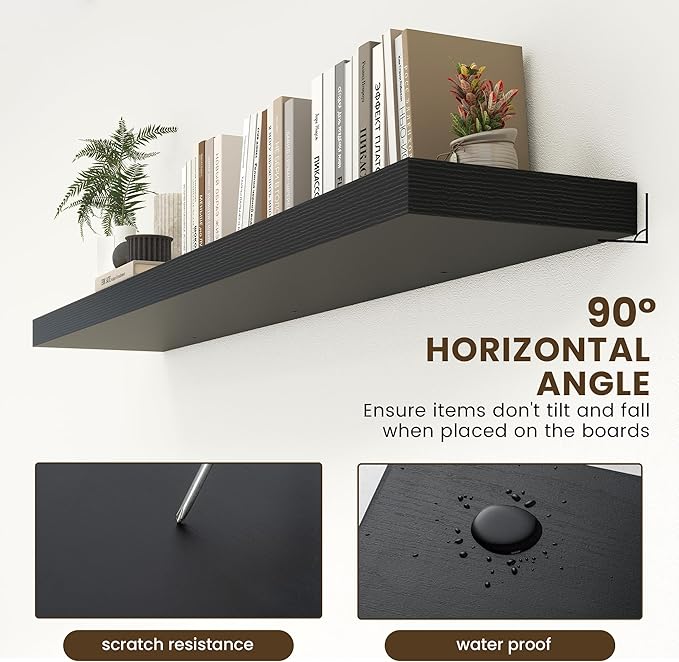 Black Floating Shelves for Wall - 72 Inch Wide x 12 Inch Deep Wall Shelves Set of 1 - Rustic Black Wood Shelves for Living Room, Bathroom, Laundry Room, Bedroom, Kitchen, Home Office-Ruum Studio Home
