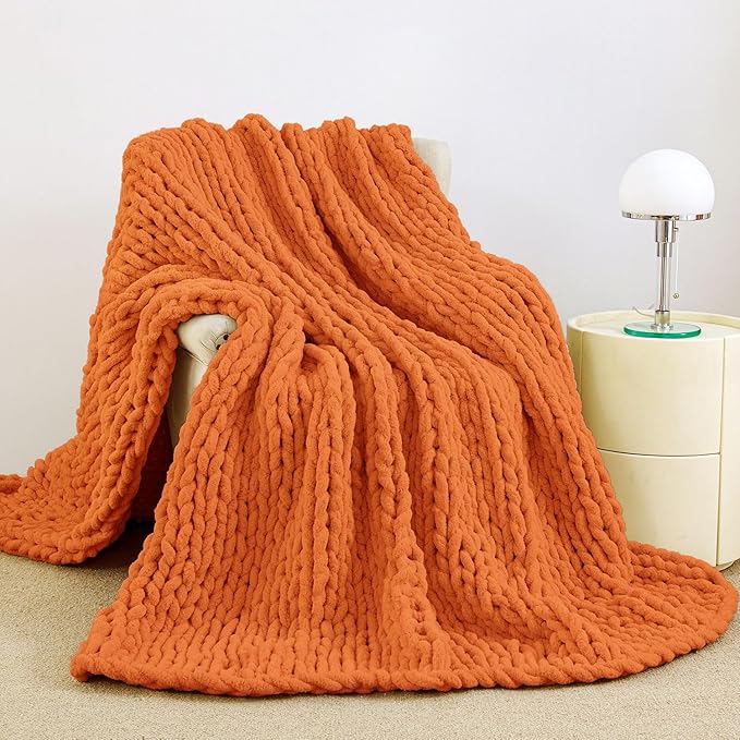 Admitrack Chunky Knit Blanket Throw, 100% Hand Knit Chenille Throw Blanket for Sofa & Home Decor, Soft and Cozy Knitted Throw Blankets (Orange, 51"x63")-Ruum Studio Home