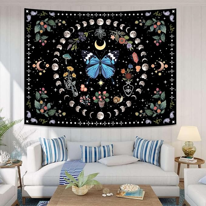 Aipon Blue Butterfly Moon Flower Tapestry Botanical Boho Plant Floral Wall Hanging for Bedroom and Living Room (36.00'' 48.00'', Blue)-Ruum Studio Home