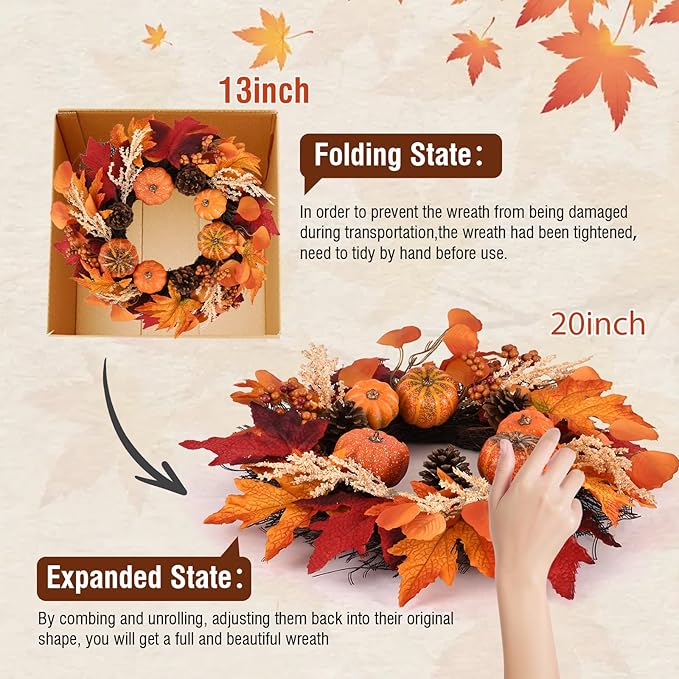20 Inch Thanksgiving Fall Wreath, Berries Pumpkins Maple Leaves Pine Cones Autumn Wreaths with Hook for Front Door, Fall Decor, Porch Wall Home Outdoor Holiday Decorations Wreath for Autumn-Ruum Studio Home